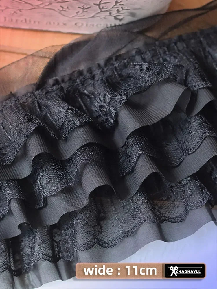 11CM Wide Chiffon Black Tulle Ruffle Lace Trimmings for DIY Fringes Prom Party Dress Clothes Fabric Sewing Accessories Supplies