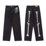 Fashion Casual Diablo Skeleton Embroidered Loose Jeans Men Y2k High Street Tide Loose Wide Leg Pants Trend Casual Wide Leg Pants