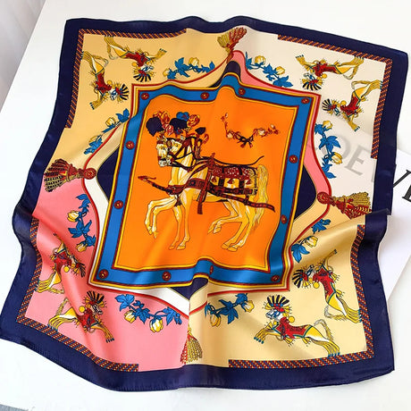 Silk Square Scarf Women 100% Real Luxury Brand Horse Print Neckerchief Female Hair Hand Bag Wrist Foualrd Scarves Bandana