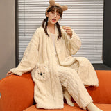 2PCS Hooded Sleepwear Thicken Warm Plush Flannel Robe Set Winter Pajamas for Couples Soft Pajama Man Cartoon Sleeping Bathrobe