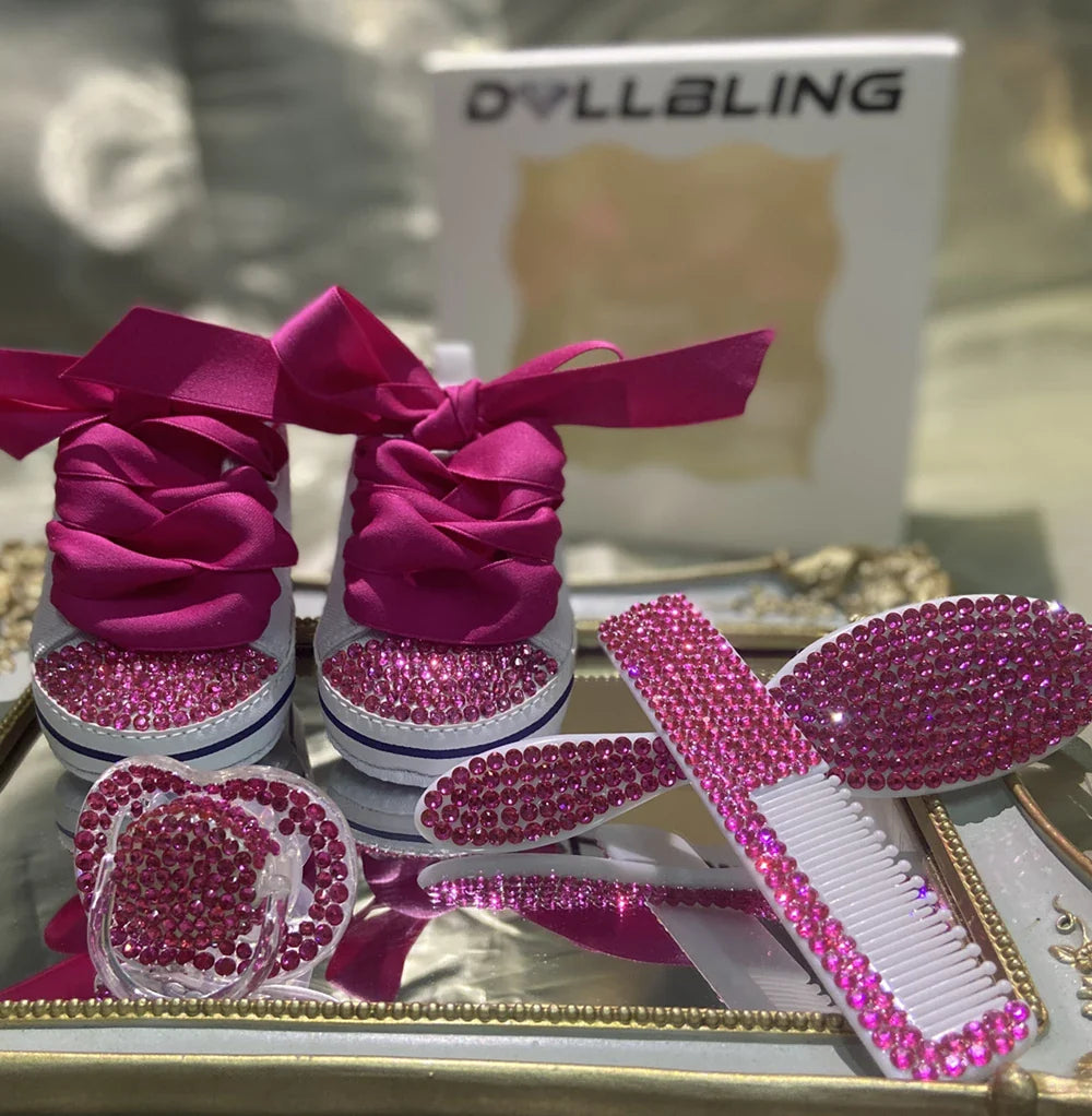 Dollbling Luxury Baby Bottles and Shoes Headband Set Keepsake Diamond Tutu Outfit Red Bottom Little Girl Baptism Shoes