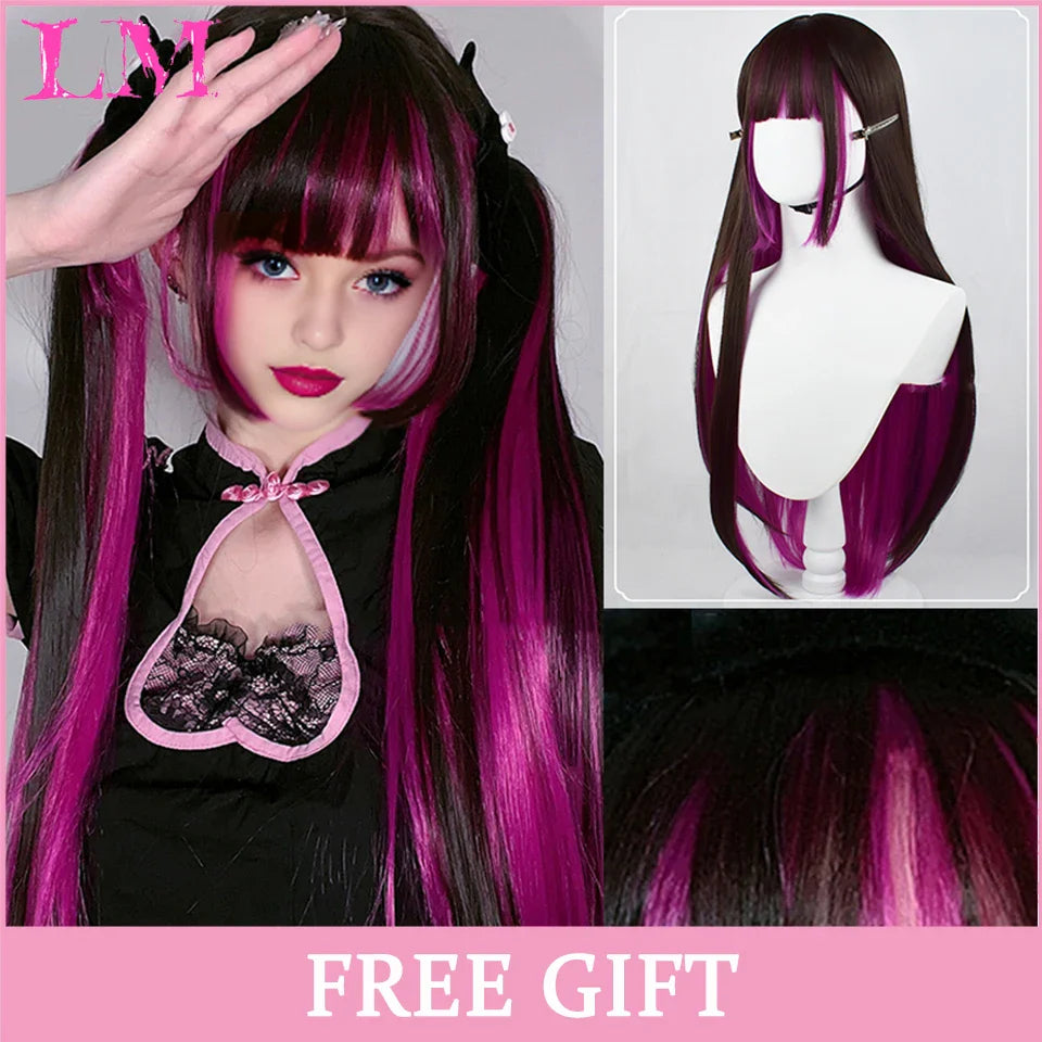 LM Cosplay Wig With Bangs Synthetic Straight Hair 24 Inch Long Heat-Resistant Pink Wig For Women