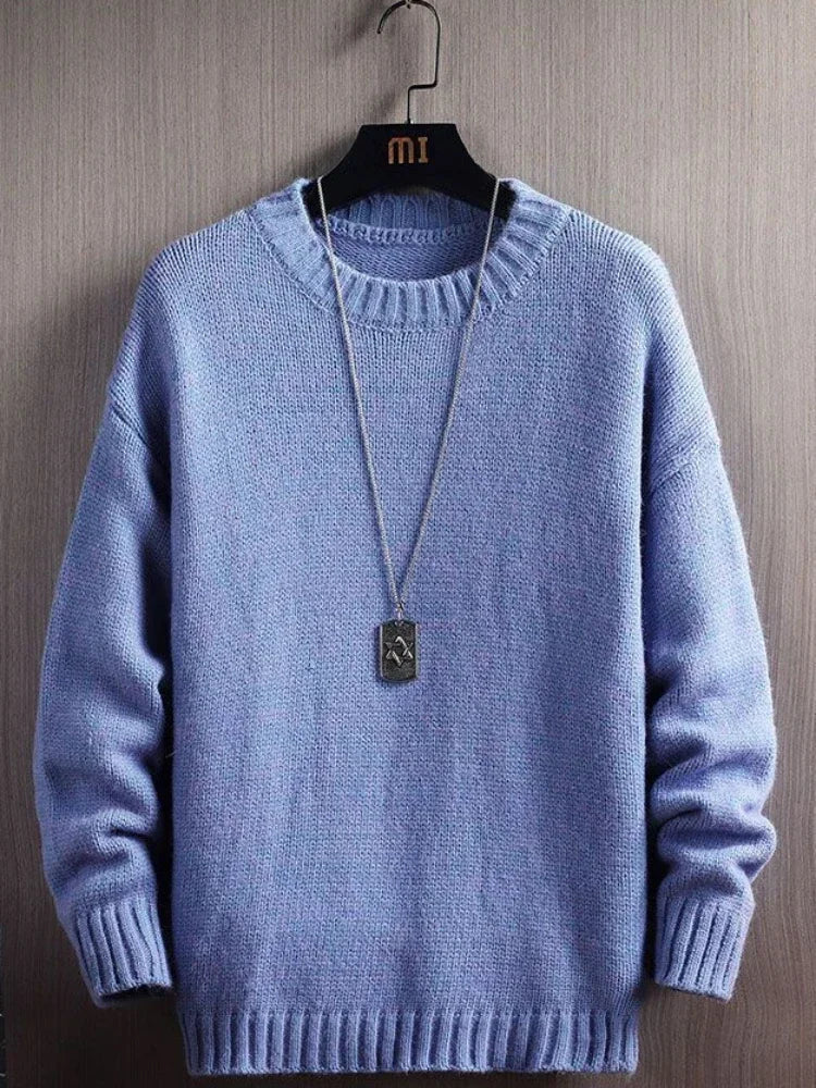 Man Clothes Thick No Hoodie Knitted Sweaters for Men Casual Pullovers Plain Solid Color Round Collar Crewneck Blue A Warm New In