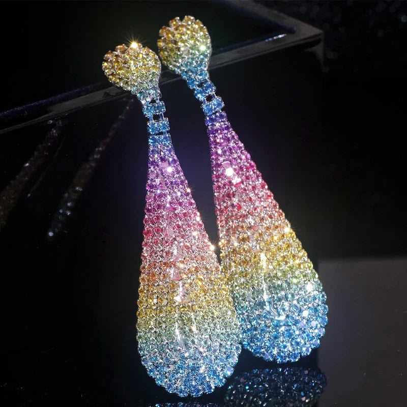 Fashion Shiny Rainbow Color Crystal Earrings for Women Luxury Rhinestone Drop Dangle Earrings Brinco Bride Weddings Jewelry