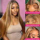 Highlight Ombre Colored Brown Lace Front Human Hair Wigs For Women Pre Plucked HD Honey Blond 360 Full Lace Frontal Wig Glueless