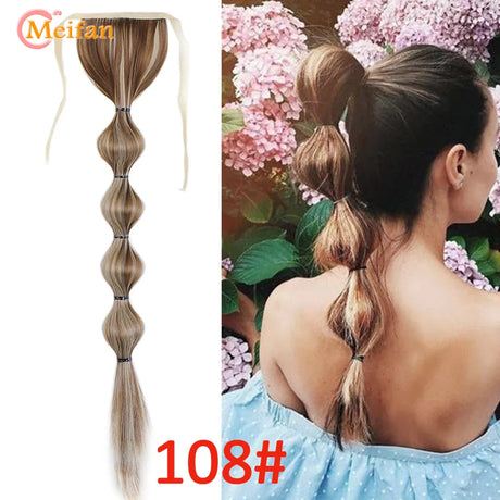 MEIFAN Synthetic Long Hair Lantern Bubble Ponytail Clip in Drawstring Brown Bubble Braids Natural Fake Pony Tail Hair Extensions