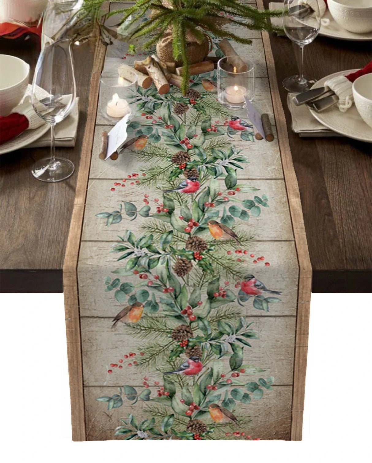 Modern Elegant Table Runner Eucalyptus Berries Robin Table Runner Christmas Wedding Decoration Tablecloth Home Party Decor