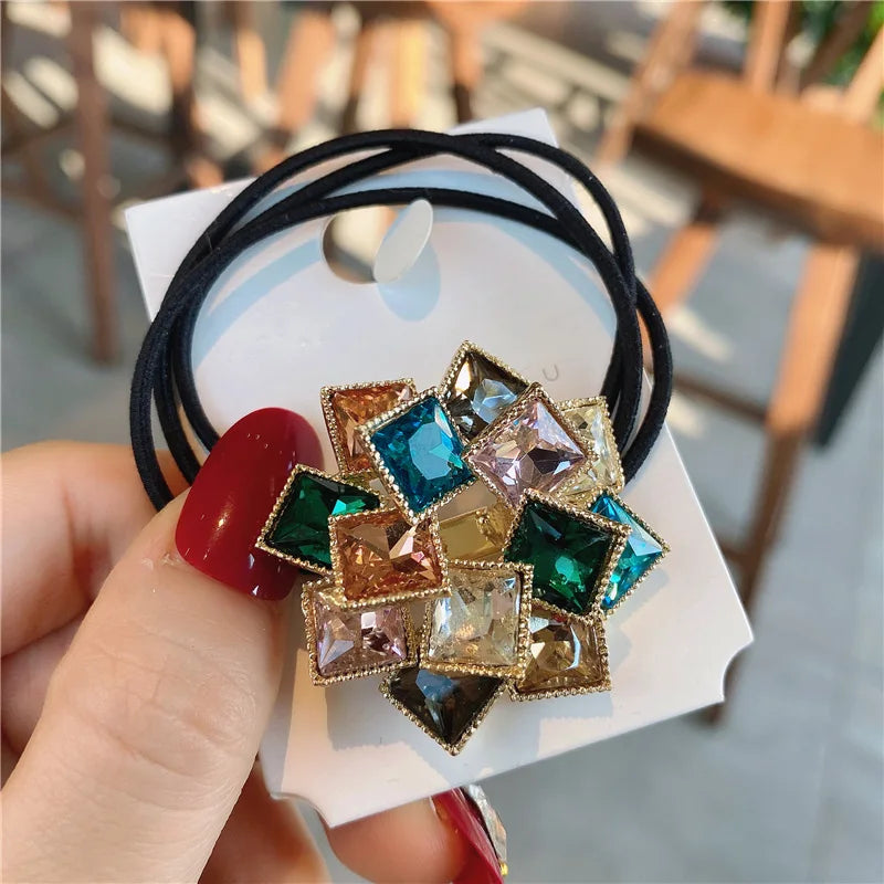 Cute Girls Elastic Hair Band Square Elegant Rhinestone Shiny Crystal Gem Hair Accessories Scrunchies Pearl Hair Ties Wholesale