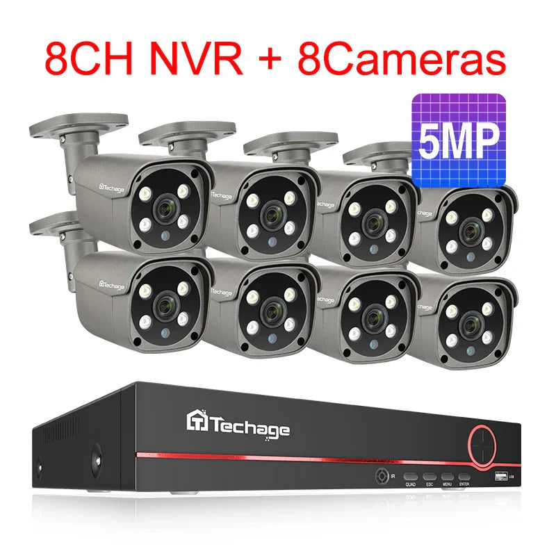 Techage 8CH 5MP 8MP Security Camera System 4K HD POE NVR Kit Two Way Audio Face Detect Outdoor Video Surveillance IP Camera Set