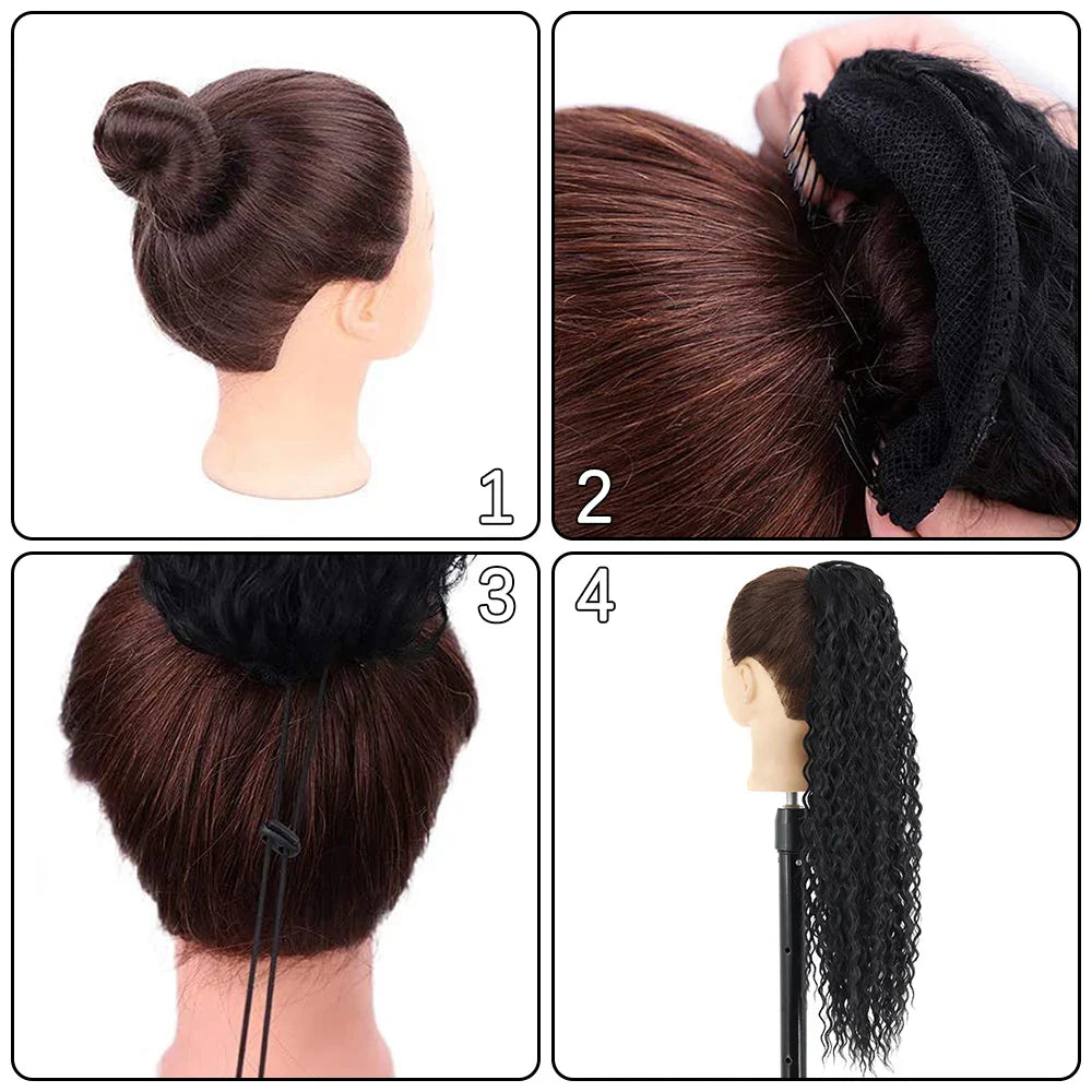 Synthetic Curly Ponytail Extensions Clip In Drawstring Ponytail Wig Long 26Inch Water Wave Afro Pony Tail Women Hairpiece False