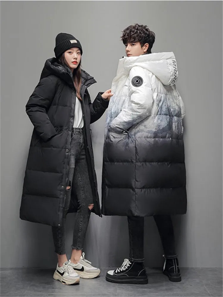 Winter X-long Cotton-padded Jacket Couple Gradient Hooded Puffer Jackets Fashion Highstreet Windproof Thicken Warm Parkas Coat