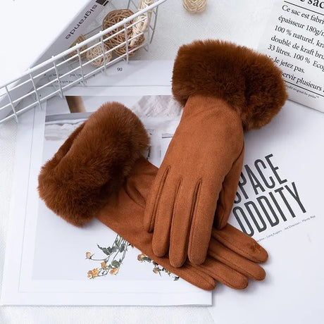 Women Faux Rabit Fur Wrist Suede Leather Touch Screen Driving Glove Winter Warm Plush Thick Full Finger Cycling Black Mitten H92