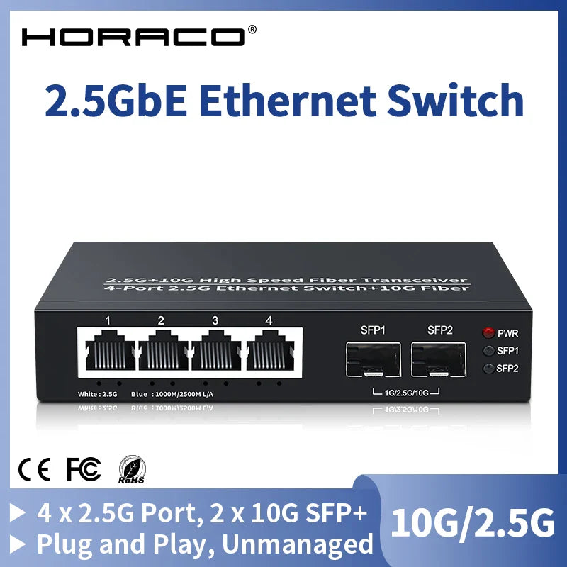 HORACO 2.5GbE Ethernet Switch 4 Port 2500Mbps Network Switcher 2 Port 10G SFP+ Slot Home Lab Hub Internet Splitter Plug and Play