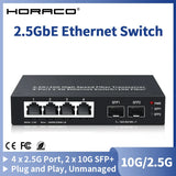 HORACO 2.5GbE Ethernet Switch 4 Port 2500Mbps Network Switcher 2 Port 10G SFP+ Slot Home Lab Hub Internet Splitter Plug and Play