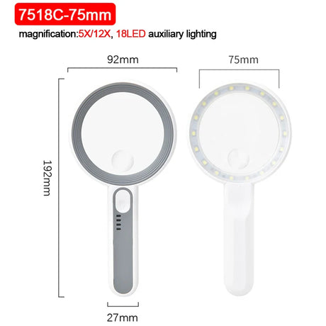 5X 6X 11X 12X Rechargeable Handheld Magnifier 3 Lighting Modes Illuminated Magnifying Glass with LED Light for Reading/Repair