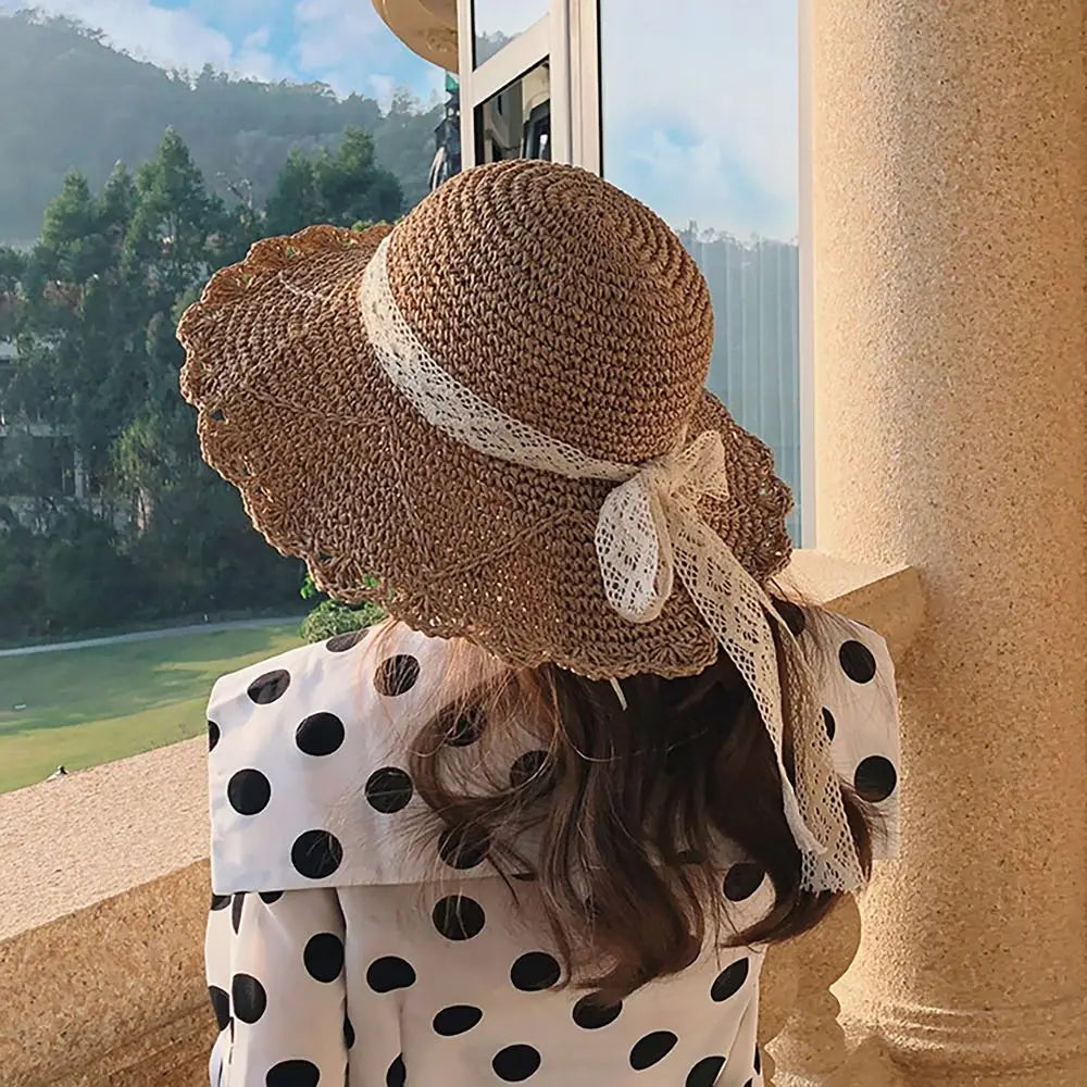 Big Lace Bow Straw Hat Foldable Wide Brim UV Protection Cover Hat Korean Version Summer Hats Travel