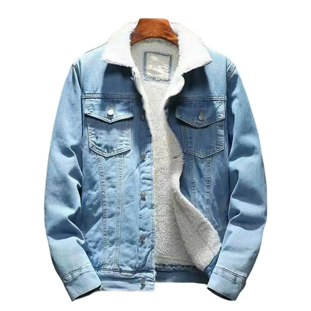 Men Jean Jacket Thicken Lamb Cashmere Lining Solid Color Coldproof Outerwear Winter Single Breasted Denim Coat Streetwear