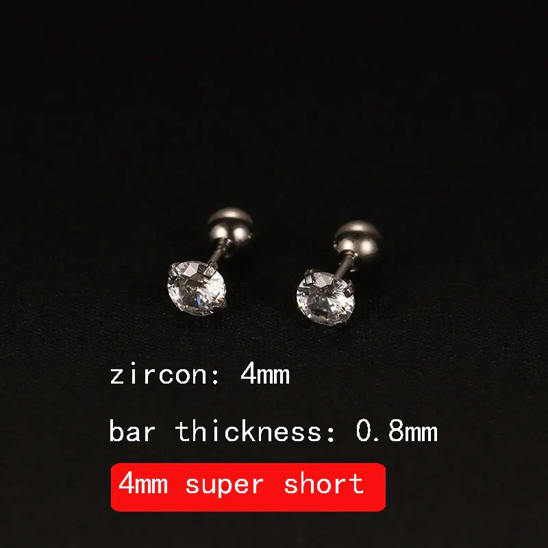 2PCS 4mm Short Ear Studs Earring Outside Upper Helix Earrings Titanium Steel CZ Crystal 3mm 4mm 5mm Mix Colors 0.8mm 20G Screw