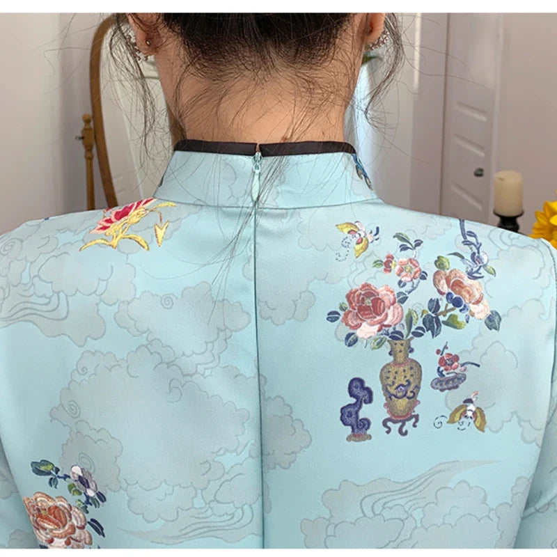 Ins Red Blue Loose 2021 New Fashion Modern Chinese Cheongsam A-line Dress Women 3/4 Sleeve Qipao Traditional Chinese Clothes