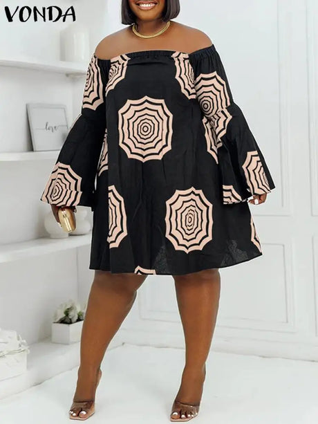 Plus Size VONDA Women Off Shoulder Dress Summer Bohemian Floral Printed Mini Vestidos Vintage Casual Long Flare Sleeve Robe