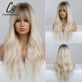 CharmSource Blonde Wavy Wig with Bangs Party Dresses for Women Natural Synthetic Hair Daily Cosplay Heat Resistant Fiber Wig