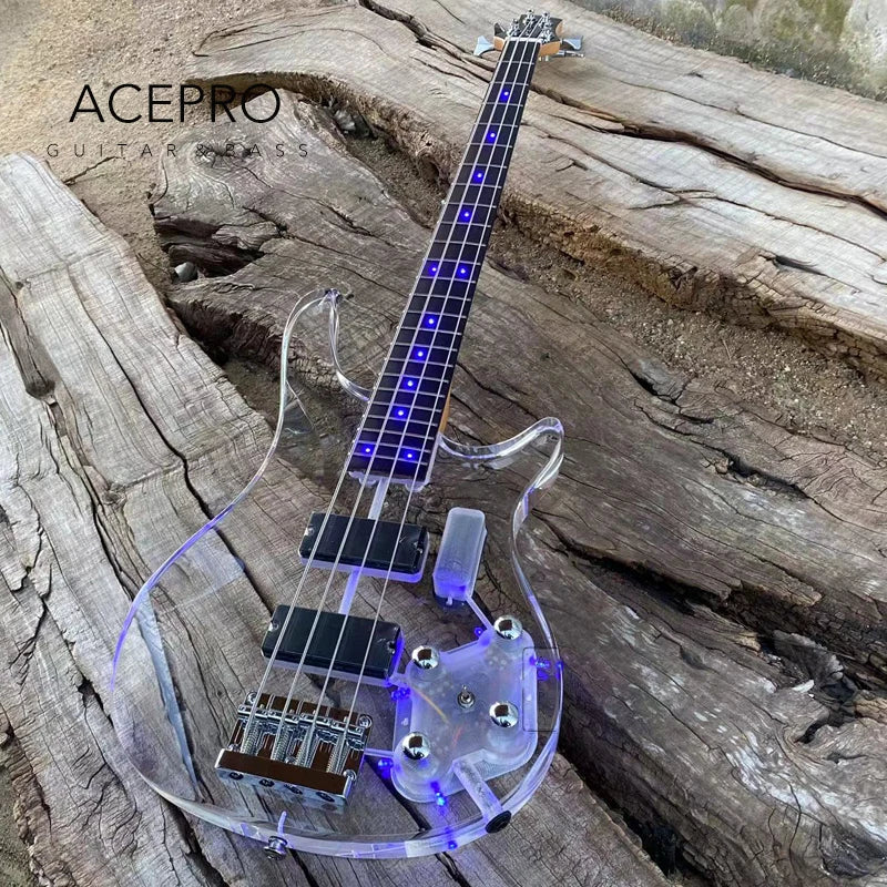 4 String Blue LED Lights Electric Bass Guitar, Clear Acrylic Crystal Body, Maple Neck, Rosewood Fingerboard