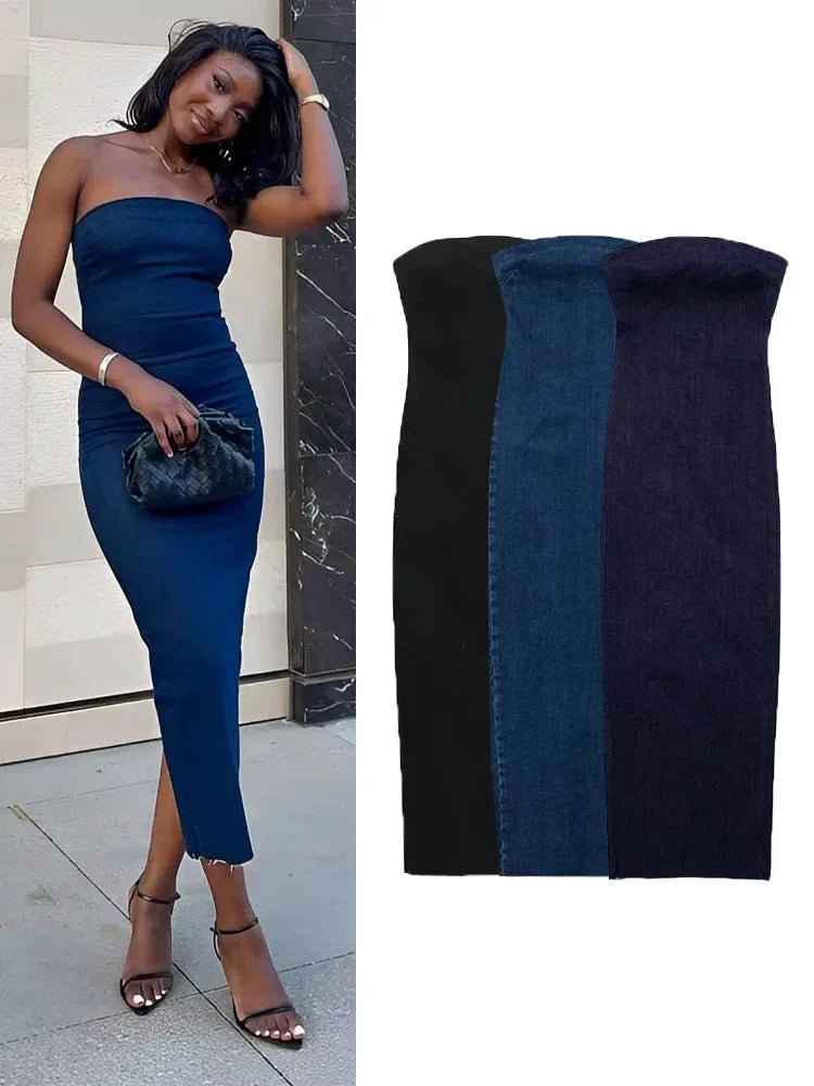 TRAF Off Shoulder Denim Dress Woman Blue Corset Long Dress Women Midi Bodycon Dresses For Women 2023 Elegant Party Dresses