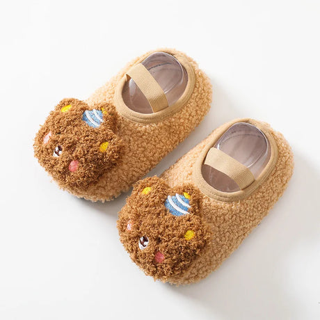 Cartoon Bear Baby Shoes Winter Thick Warm Newborn Shoes Non-slip Soled Soft Plush Toddler Kids Boy Girls Infant First Walkers