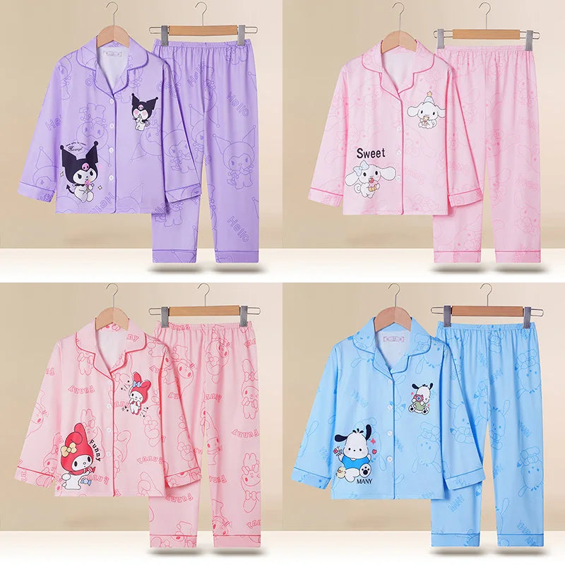 Spring Miniso Cute Children's Pajamas Sets Kawaii Anime Kuromi Pochacco Cinnamoroll Girl Boy Sleepwear Milk Silk Kids Loungewear