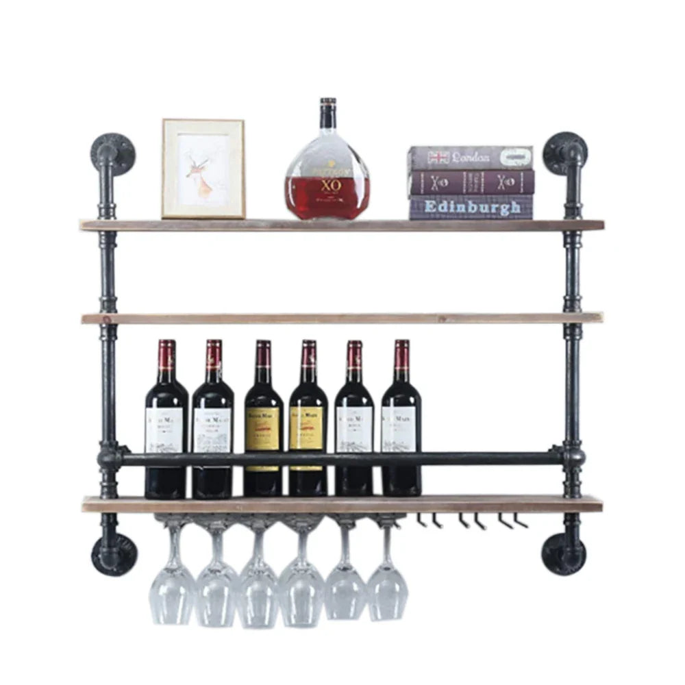 Industrial Pipe Shelf Wine Rack Wall Mounted with Stem Glass Holder 3-Tiers Rustic Floating Bar Shelves Wine Shelf Bar Cabinet