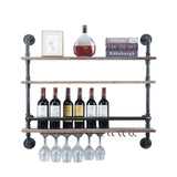 Industrial Pipe Shelf Wine Rack Wall Mounted with Stem Glass Holder 3-Tiers Rustic Floating Bar Shelves Wine Shelf Bar Cabinet