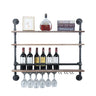 Industrial Pipe Shelf Wine Rack Wall Mounted with Stem Glass Holder 3-Tiers Rustic Floating Bar Shelves Wine Shelf Bar Cabinet