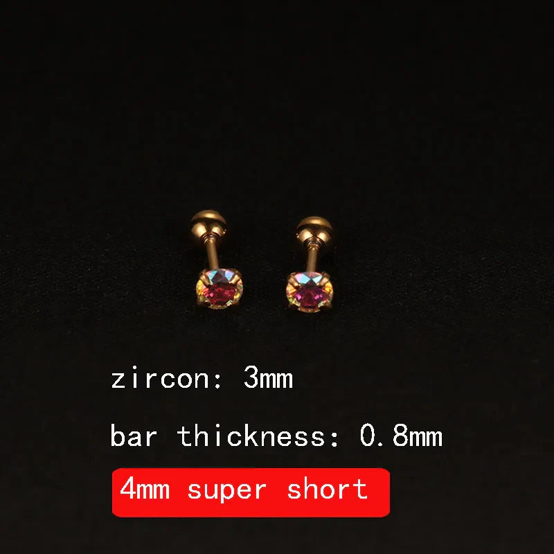 2PCS 4mm Short Ear Studs Earring Outside Upper Helix Earrings Titanium Steel CZ Crystal 3mm 4mm 5mm Mix Colors 0.8mm 20G Screw