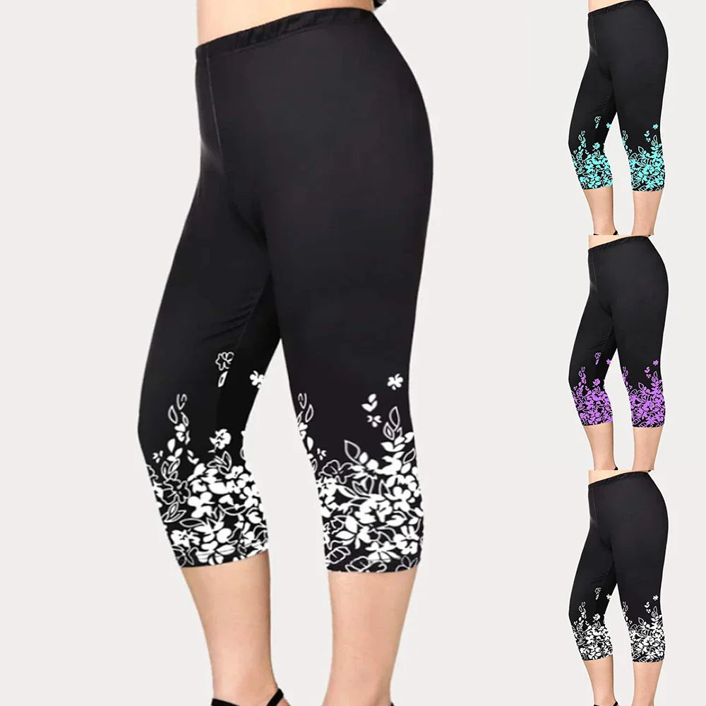 Summer New Casual Sports Yoga Capri Women Plus Size Floral Print Leggings Elastic Waist Cropped Pants Ladies Leisure Jegging