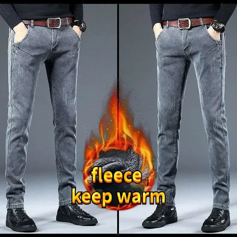 Autumn and Winter Plush Wool Korean Fashion Men Skinny Jeans Men Brushed Denim Fleece Slim Keep Warm Thick Pants Trousers Jeans