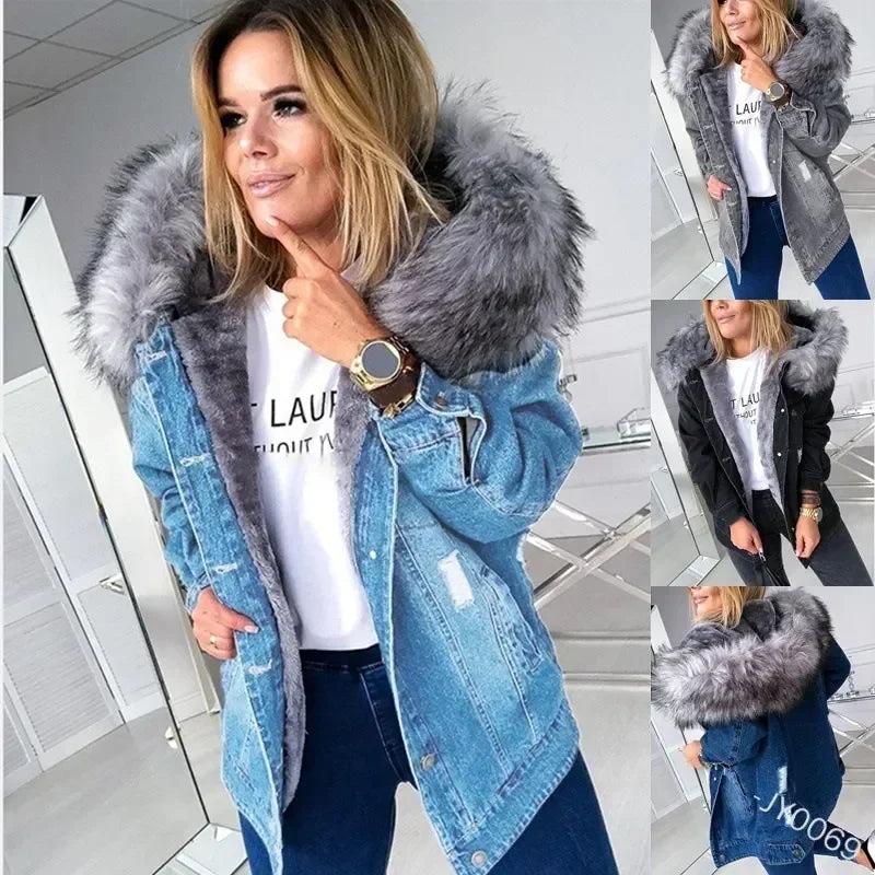 New 2024 Fashion Hooded Big Fur Collar Denim Jacket Women Casual Warm Mid-length Ripped Coat Denim Jacket for Women Denim