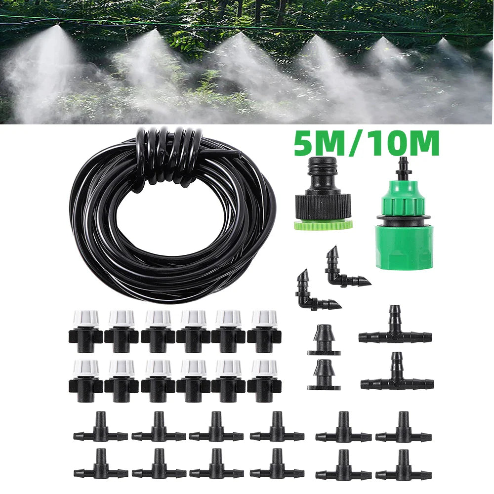 5M/10M Fog Nozzles Irrigation Kit  Garden Hose Automatic Misting Plant Watering System Portable Adjustable Greenhouse Equipment