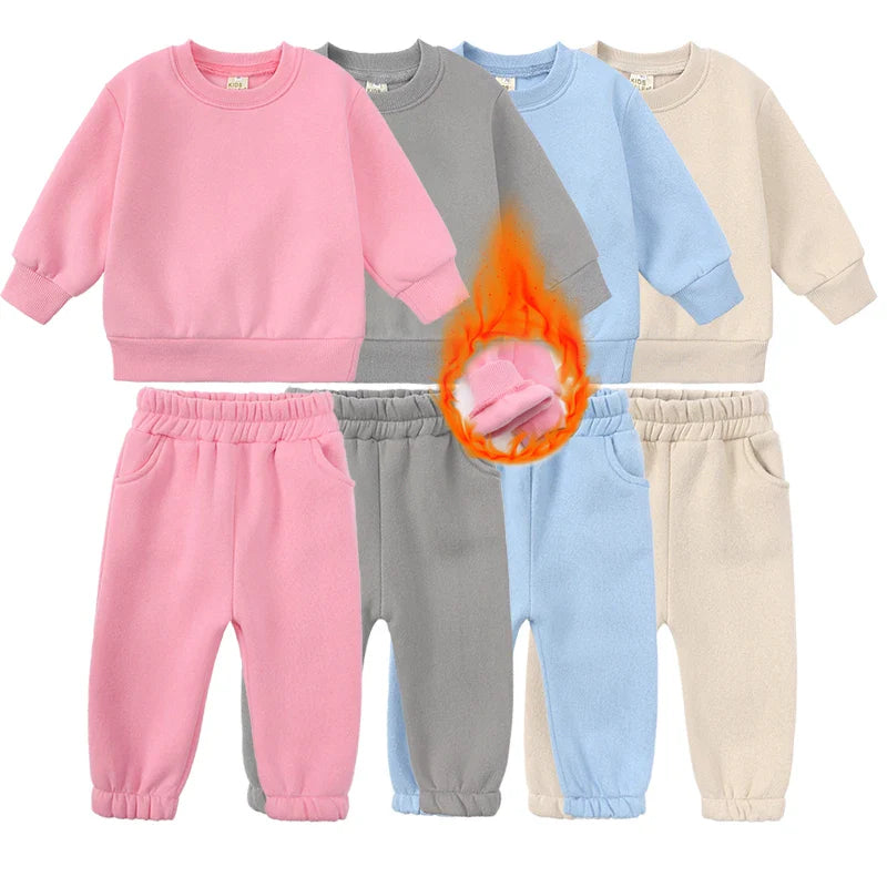 2023 New Arrivals Little Girls Clothing Tracksuit 2 Pieces Set Warm Fleece Plain Top Sweatshirt+Pants Loungewear Suit For Kids