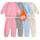 2023 New Arrivals Little Girls Clothing Tracksuit 2 Pieces Set Warm Fleece Plain Top Sweatshirt+Pants Loungewear Suit For Kids