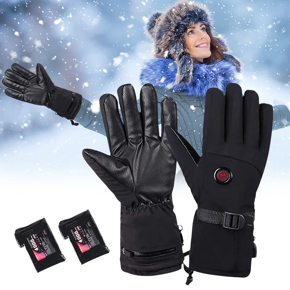 PU Leather Heated Gloves Motorcycle Winter Heated Gloves Warm Waterproof Rechargeable Heating 3 Gear Thermal For Snowmobile