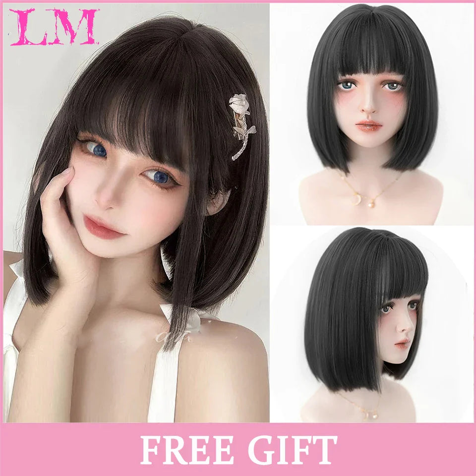 LM Cosplay Wig With Bangs Synthetic Straight Hair 24 Inch Long Heat-Resistant Pink Wig For Women