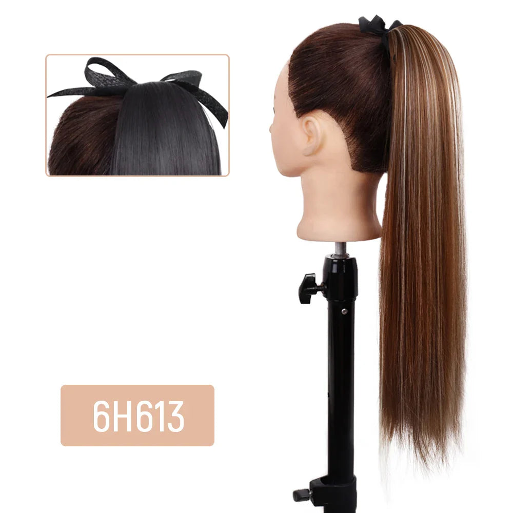 AZQUEEN 55CM Long Straight Bow Tie Ponytail Clip In Hair Extension Natural Brown Blonde Synthetic Pony Tail Hairpieces For Women