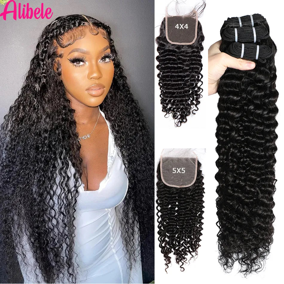 30 Inch Deep Wave Bundles With Closure 5x5 HD Lace Closure With Bundle Peruvian Curly Hair Bundles With 4x4 5x5 6x6 LaceClosure