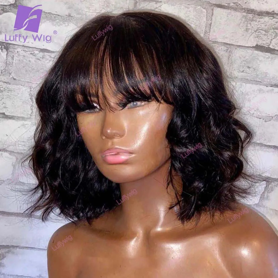 Short Human Hair Bob Wigs With Bangs Brazilian Remy O Scalp Top Bang Wig Natural Wave 180 Density Wig For Black Women LUFFY