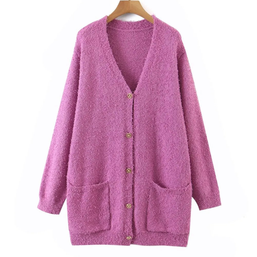 2023 Autumn Winter Good Quality Clothes Women Cardigan Sweater Plus Size Casual Loose Plush Curve V-Neck Knitted Coat