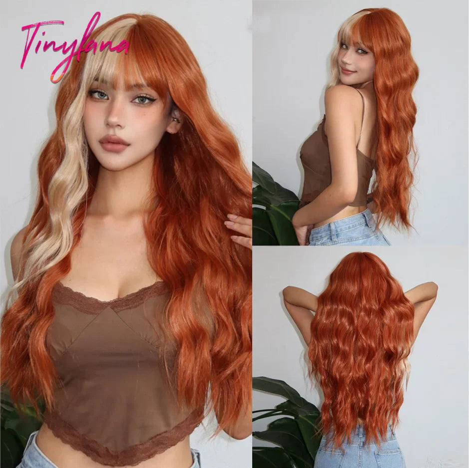 Long Curly Orange Brown Ombre Synthetic Wavy Wigs with Bangs Ginger Cosplay Party Wig for Women Afro Natural Hair Heat Resistant