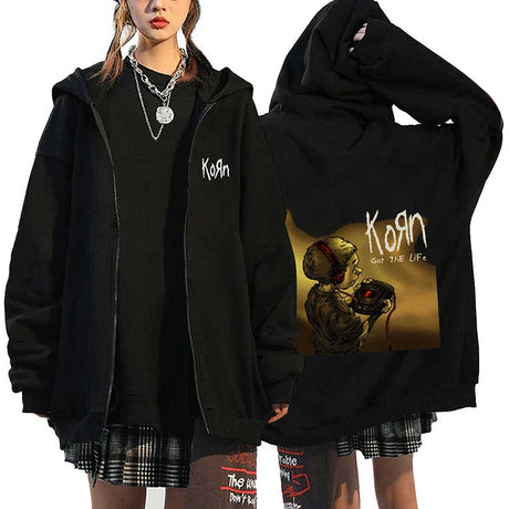 Korn Rock Band Sweatshirts WORLD TOUR Hoodies Cartoon Vintage Metal Gothic Streetwear Zip Up Jackets Tops Fleece Oversized Coats