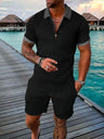 New 2024 Men's Polo Suit Fashion Men Sets Solid Summer V-neck Zipper Short Sleeve POLO Shirt+Shorts Two Pieces Men Casual Suit