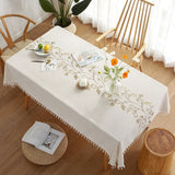 Embroidery Anglicanum Tassel Tablecloth, Cotton Linen Dust Proof Table Cover, for Kitchen Dining Room,Home Party Tabletop Decor