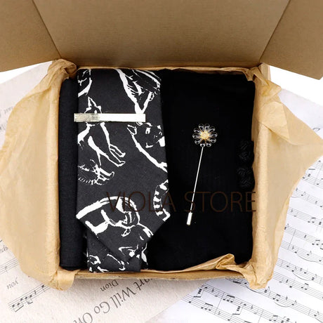 Viola Design 6PCS Gift Box Floral Solid Cotton Sock Tie Sets Clip Pin Cufflinks Hankie Men Wedding Party Daily Cravat Accessory